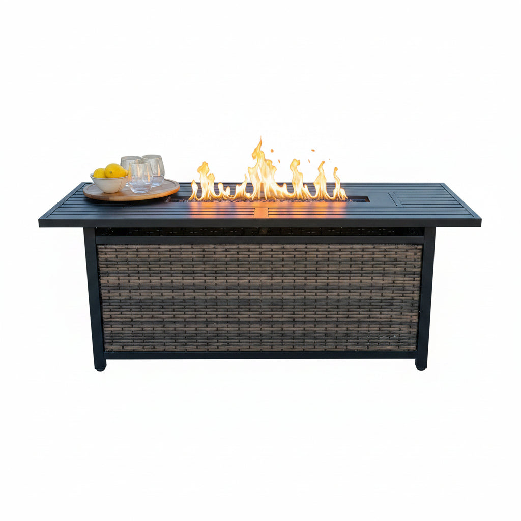 56 Inch Gas Fire Pit Table,Rectangular Propane Fireplace | Outdoor Rattan Propane Fire Table with Fire Glass, Lid, 50,000 BTU Firepits for outside Patio