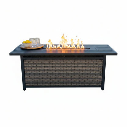 56 Inch Gas Fire Pit Table,Rectangular Propane Fireplace | Outdoor Rattan Propane Fire Table with Fire Glass, Lid, 50,000 BTU Firepits for outside Patio