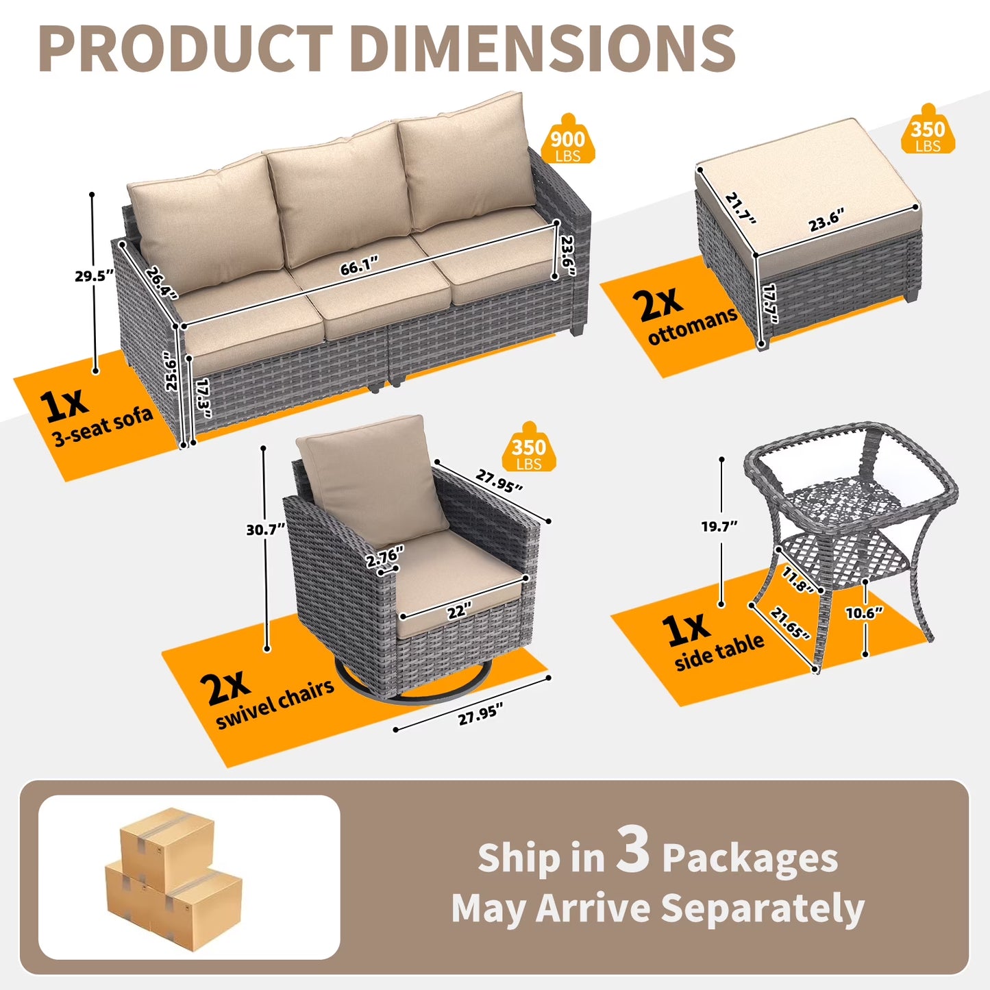 Patio Furniture Set, 6 Pieces Outdoor Patio Set, All-Weather Wicker Rattan Outdoor Furniture Set with Swivel Chairs for Poolside, Backyard, Gray Wicker Khaki Cushions