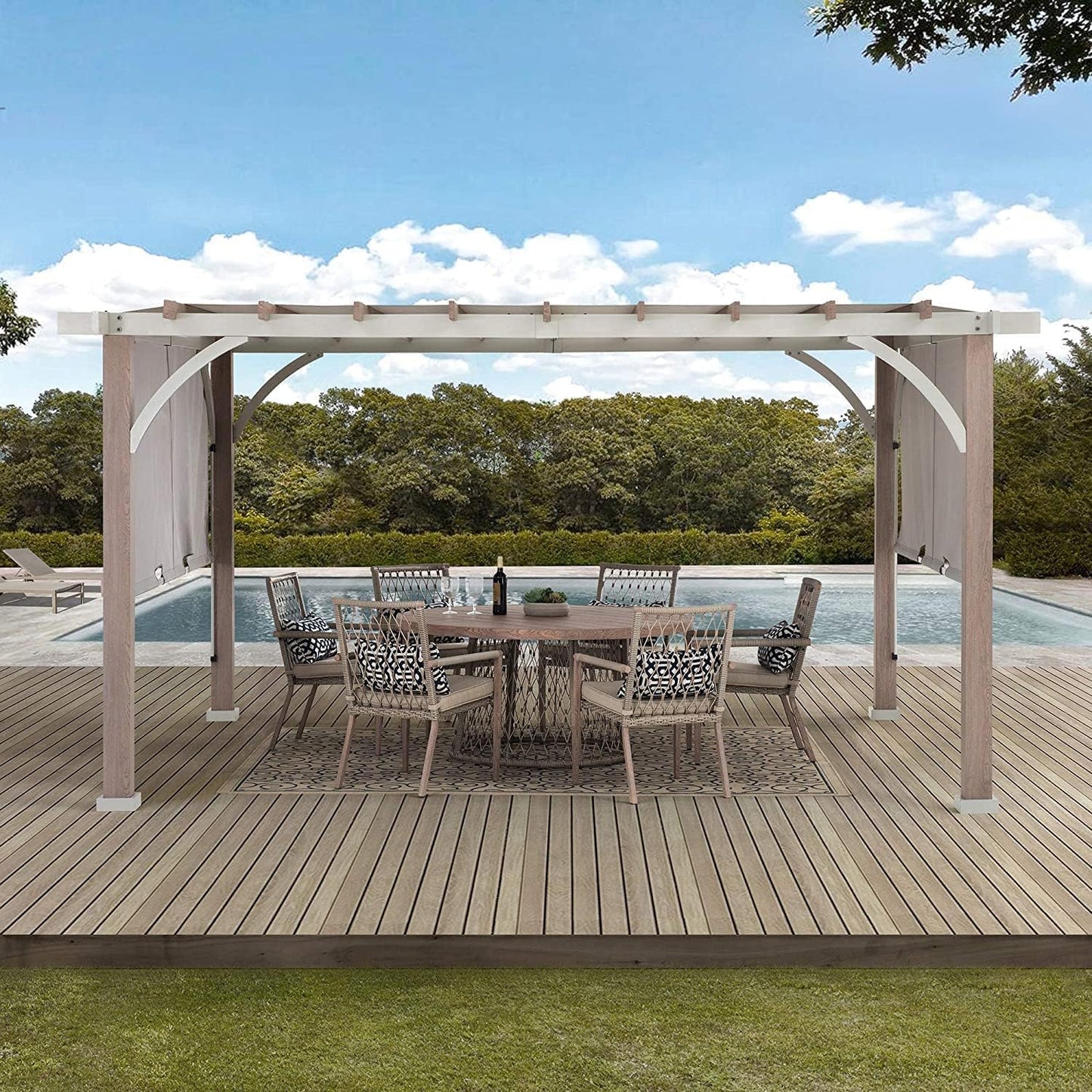 Sunjoy Outdoor Pergola 12 X 14 Ft. with Adjustable Sun Shade Canopy for Backyard and Garden Shade, Patio Modern White Steel Frame Grape Trellis Pergolas, Light Gray by