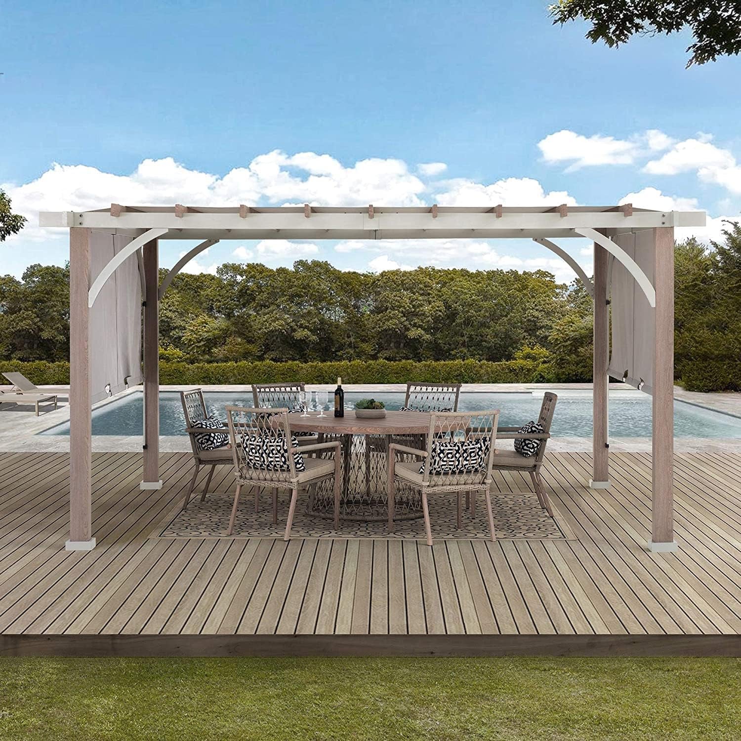 Sunjoy Outdoor Pergola 12 X 14 Ft. with Adjustable Sun Shade Canopy for Backyard and Garden Shade, Patio Modern White Steel Frame Grape Trellis Pergolas, Light Gray by