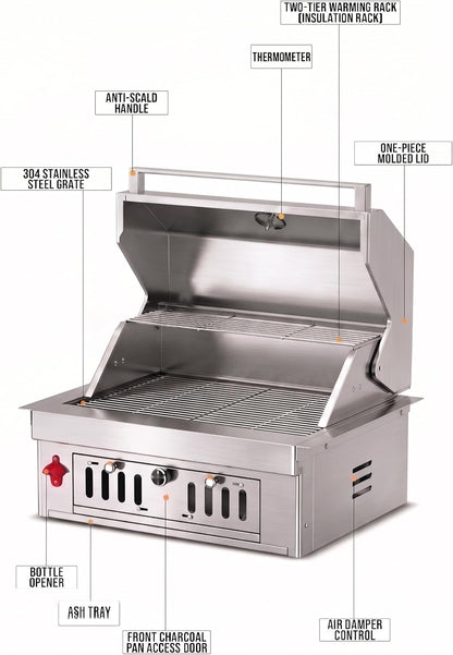 27-IN Premium Portable 304 Stainless Steel Built-In Charcoal Grill with Adjustable Charcoal Tray, Large Front Access Door, and Side Vents, Ideal for Outdoor Family BBQ Gatherings