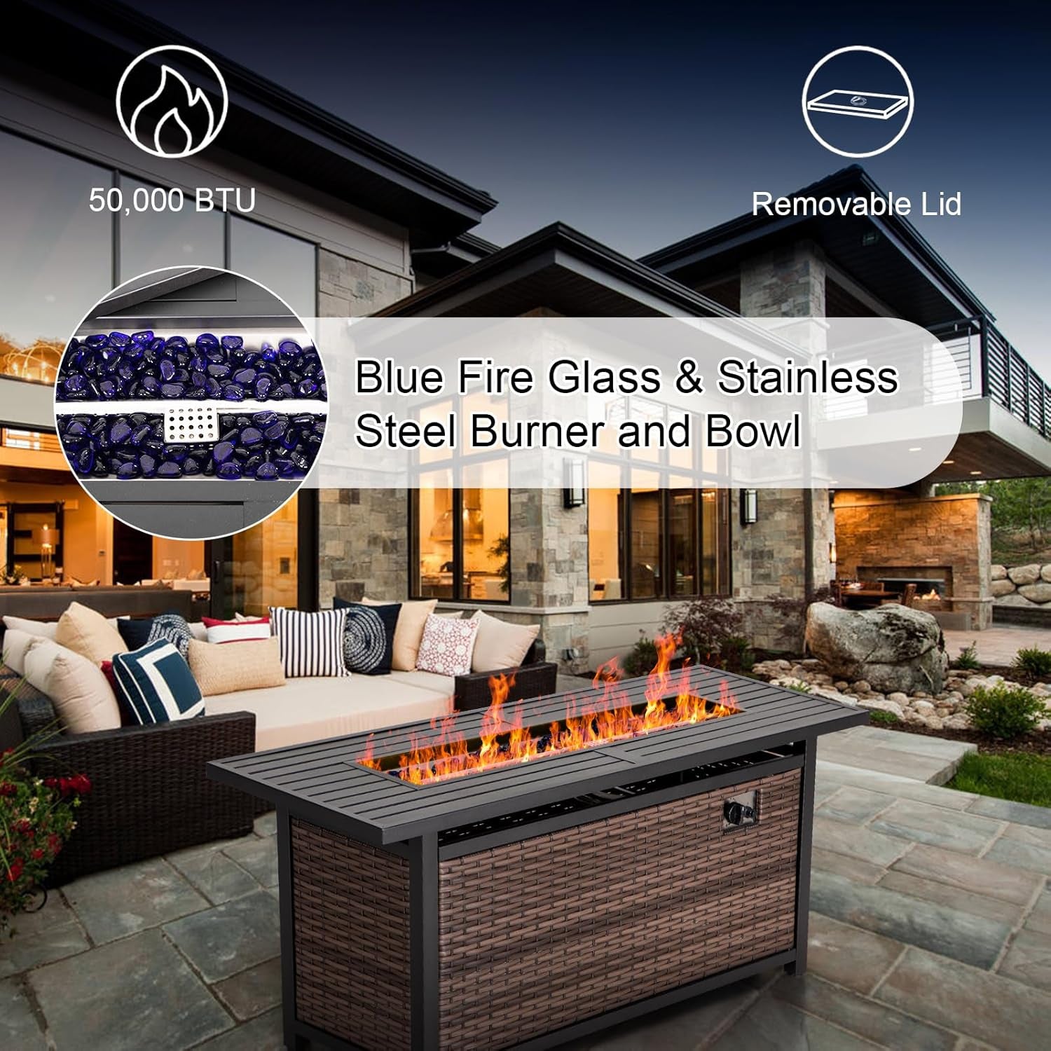56 Inch Gas Fire Pit Table,Rectangular Propane Fireplace | Outdoor Rattan Propane Fire Table with Fire Glass, Lid, 50,000 BTU Firepits for outside Patio