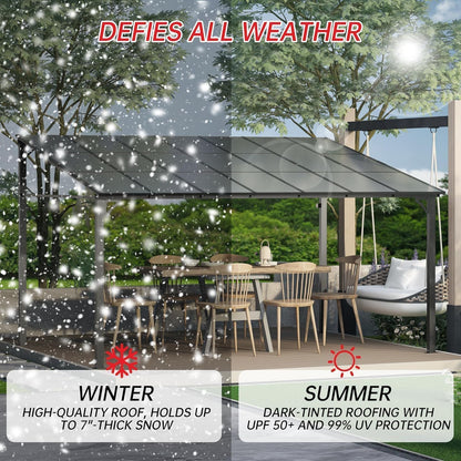 10'X20' Hardtop Wall Mounted Gazebo with Gutters & Galvanized Steel Roof, 60MPH Wind Resistance, Lean to Gazebo Pergola with Sloped Roof for Deck, Porch, Backyard and More, Black