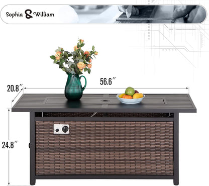 56 Inch Gas Fire Pit Table,Rectangular Propane Fireplace | Outdoor Rattan Propane Fire Table with Fire Glass, Lid, 50,000 BTU Firepits for outside Patio