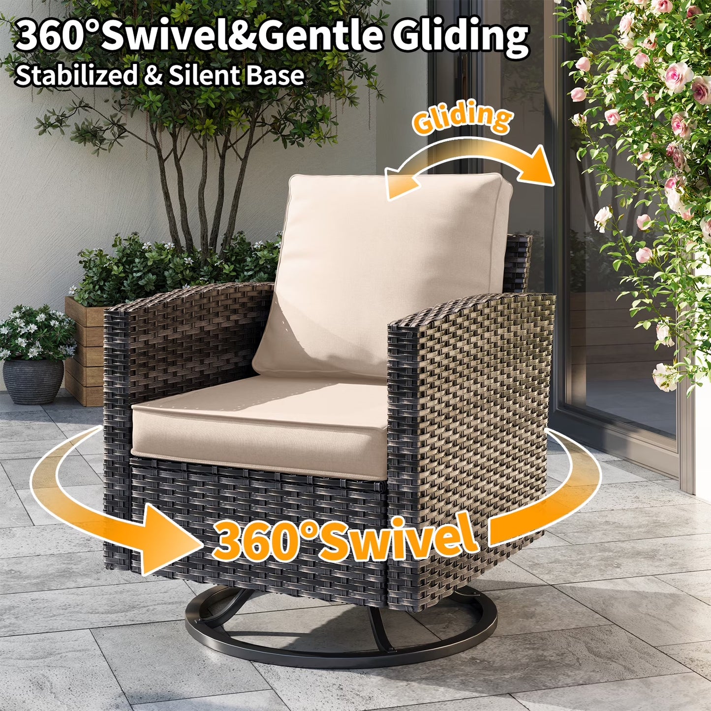 Patio Furniture Set, 6 Pieces Outdoor Patio Set, All-Weather Wicker Rattan Outdoor Furniture Set with Swivel Chairs for Poolside, Backyard, Gray Wicker Khaki Cushions