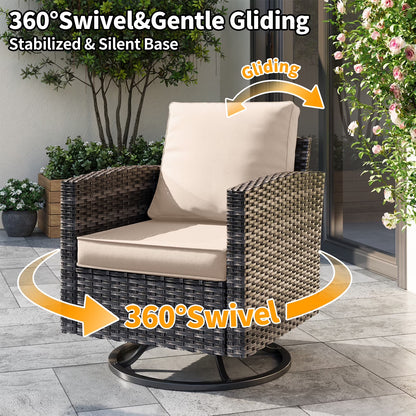 Patio Furniture Set, 6 Pieces Outdoor Patio Set, All-Weather Wicker Rattan Outdoor Furniture Set with Swivel Chairs for Poolside, Backyard, Gray Wicker Khaki Cushions