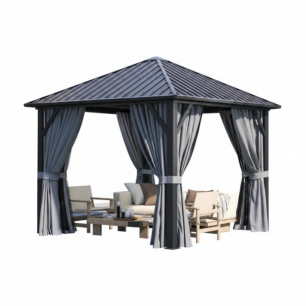 10 Ft. X 10 Ft. Outdoor Galvanized Steel Roof Gazebo, Aluminum Frame Pergolas with Ceiling Hook, Curtains and Netting