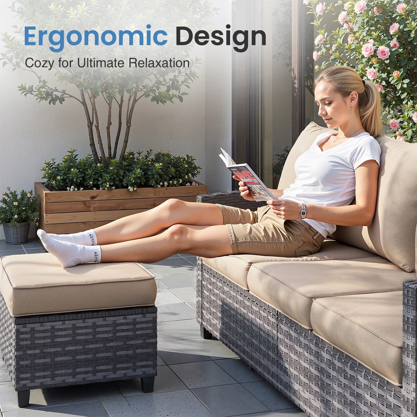 Patio Furniture Set, 6 Pieces Outdoor Patio Set, All-Weather Wicker Rattan Outdoor Furniture Set with Swivel Chairs for Poolside, Backyard, Gray Wicker Khaki Cushions