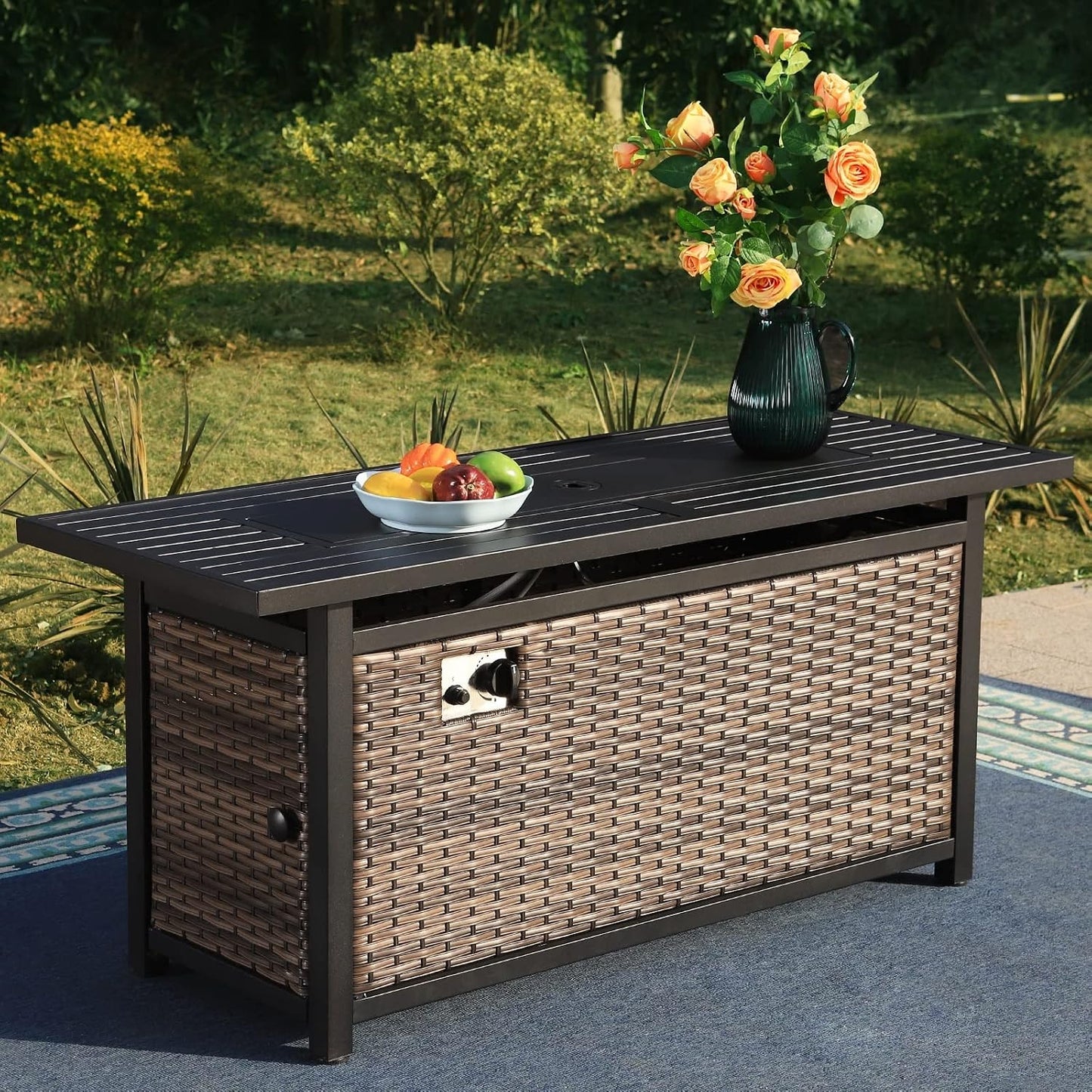 56 Inch Gas Fire Pit Table,Rectangular Propane Fireplace | Outdoor Rattan Propane Fire Table with Fire Glass, Lid, 50,000 BTU Firepits for outside Patio