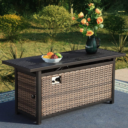 56 Inch Gas Fire Pit Table,Rectangular Propane Fireplace | Outdoor Rattan Propane Fire Table with Fire Glass, Lid, 50,000 BTU Firepits for outside Patio