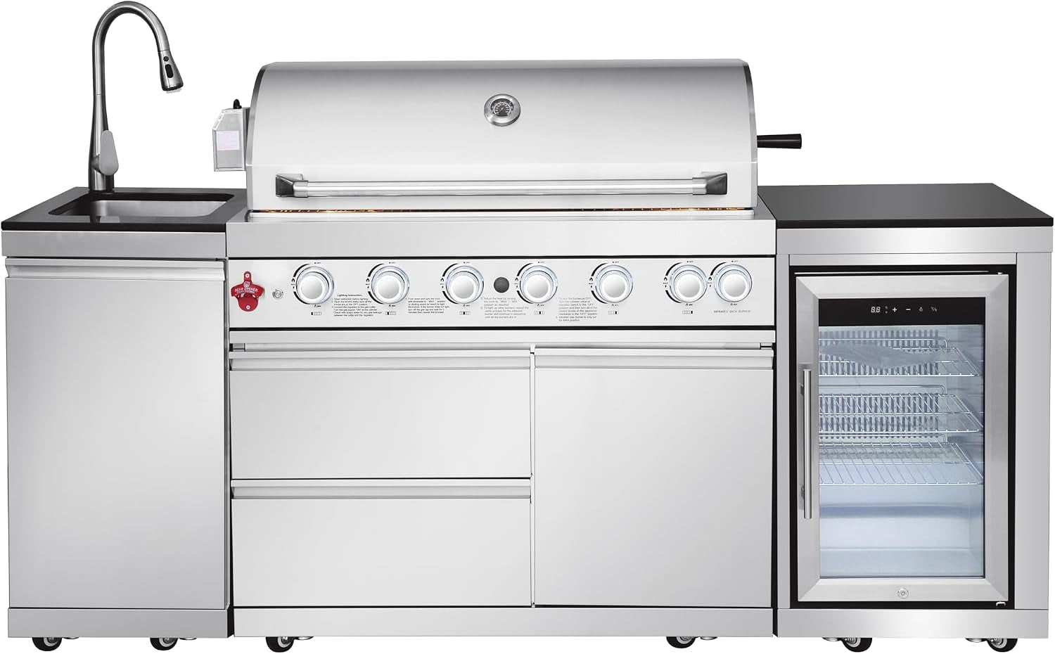 82-Inch 6-Burner Gas Grill 85,000 BTU Outdoor Kitchen Barbecue | Stainless Steel Grill Island with Sink, Storage Cabinets, and Wine Refrigerator,Backyard, Patio, Lawn, Silver
