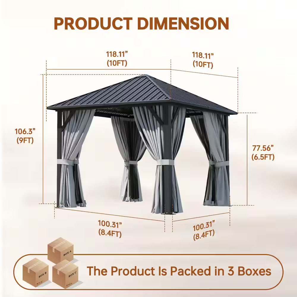 10 Ft. X 10 Ft. Outdoor Galvanized Steel Roof Gazebo, Aluminum Frame Pergolas with Ceiling Hook, Curtains and Netting