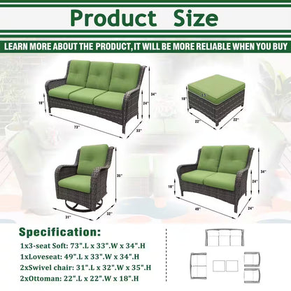 Patio Furniture Set 6-Piece Outdoor Patio Conversation Set with Green Cushions Lawn Furniture