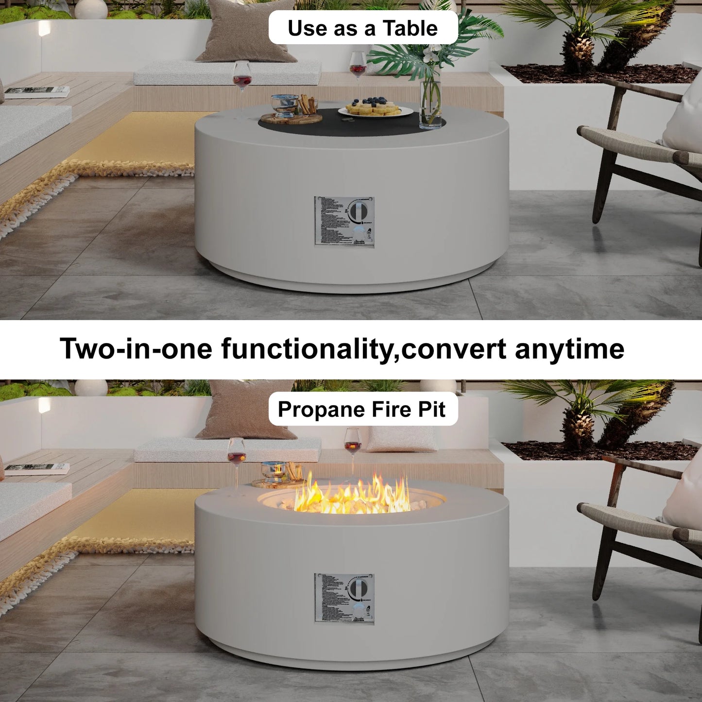 32.5 Inch round Propane Fire Pit for outside White 50K BTU Outdoor with Lava Rocks, All Weather Applicable, Gray