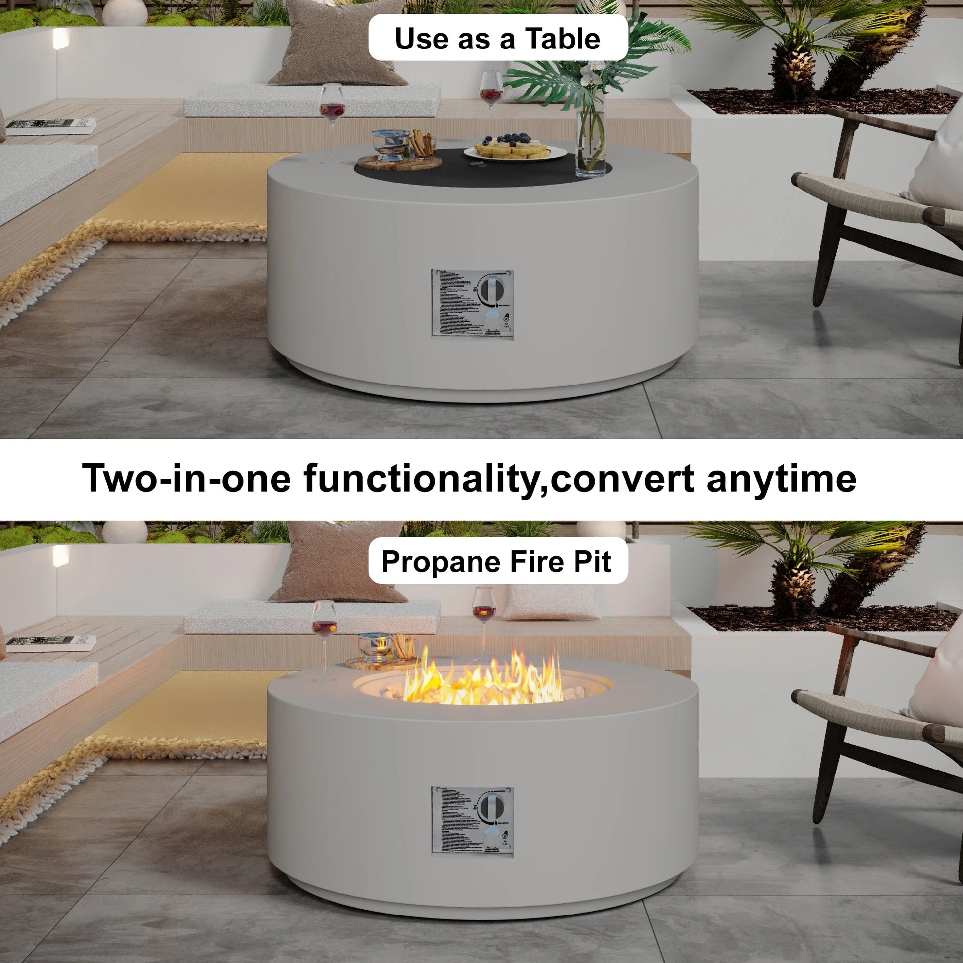 32.5 Inch round Propane Fire Pit for outside White 50K BTU Outdoor with Lava Rocks, All Weather Applicable, Gray
