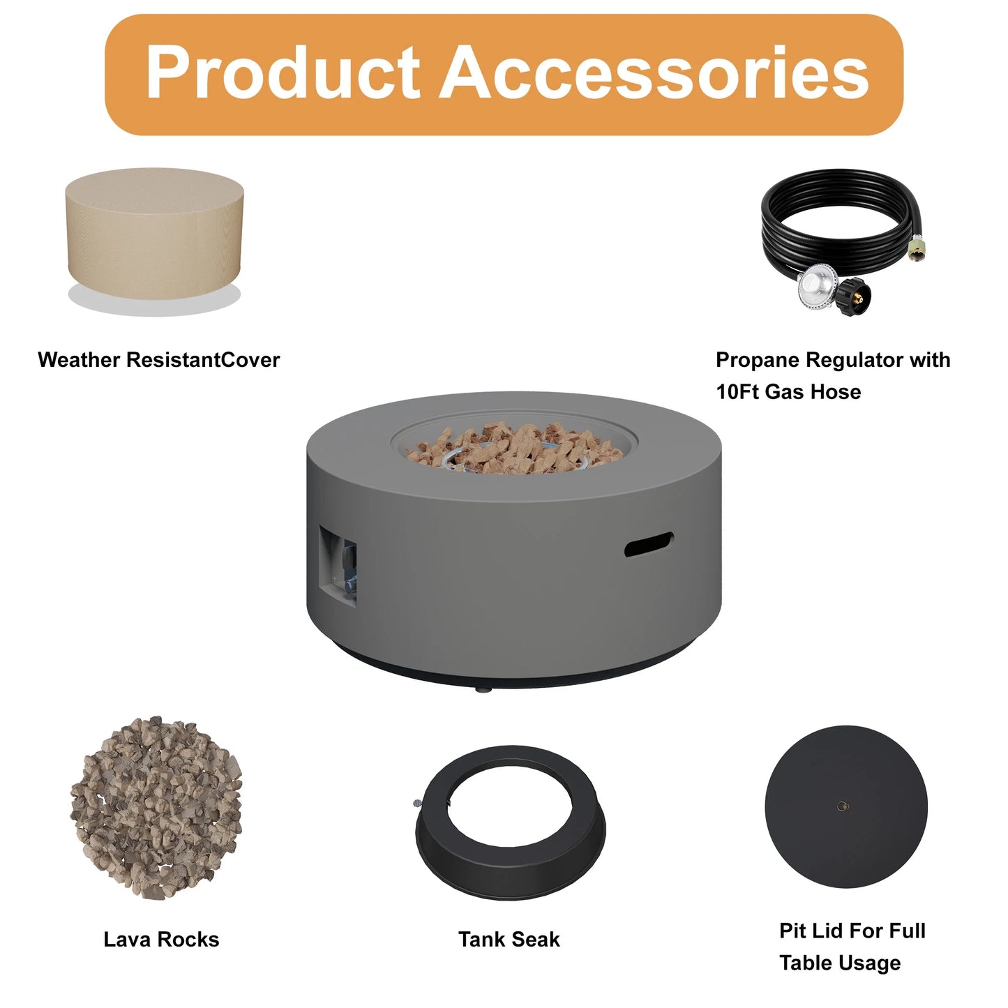 32.5 Inch round Propane Fire Pit for outside White 50K BTU Outdoor with Lava Rocks, All Weather Applicable, Gray