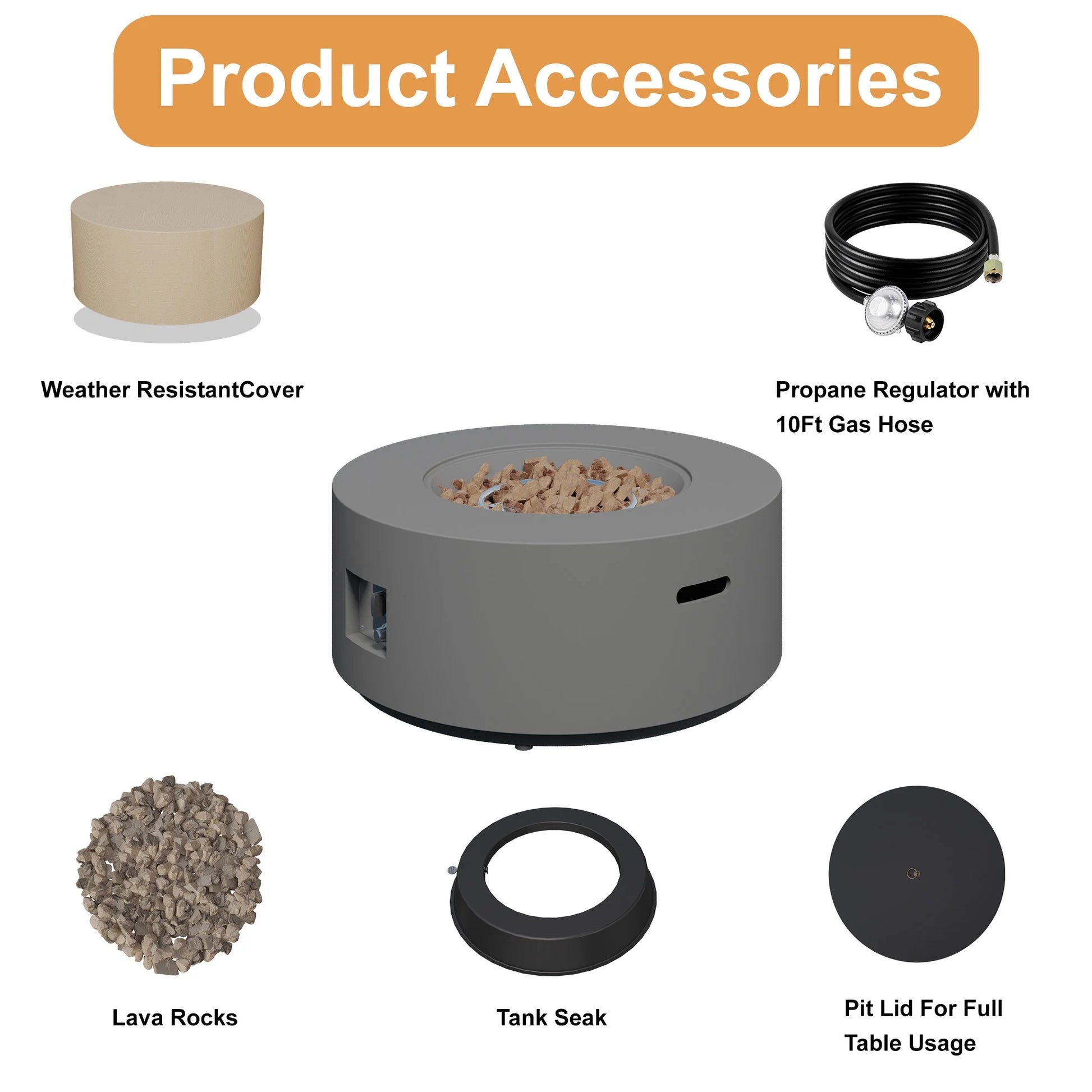 32.5 Inch round Propane Fire Pit for outside White 50K BTU Outdoor with Lava Rocks, All Weather Applicable, Gray