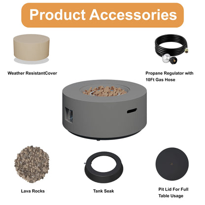 32.5 Inch round Propane Fire Pit for outside White 50K BTU Outdoor with Lava Rocks, All Weather Applicable, Gray