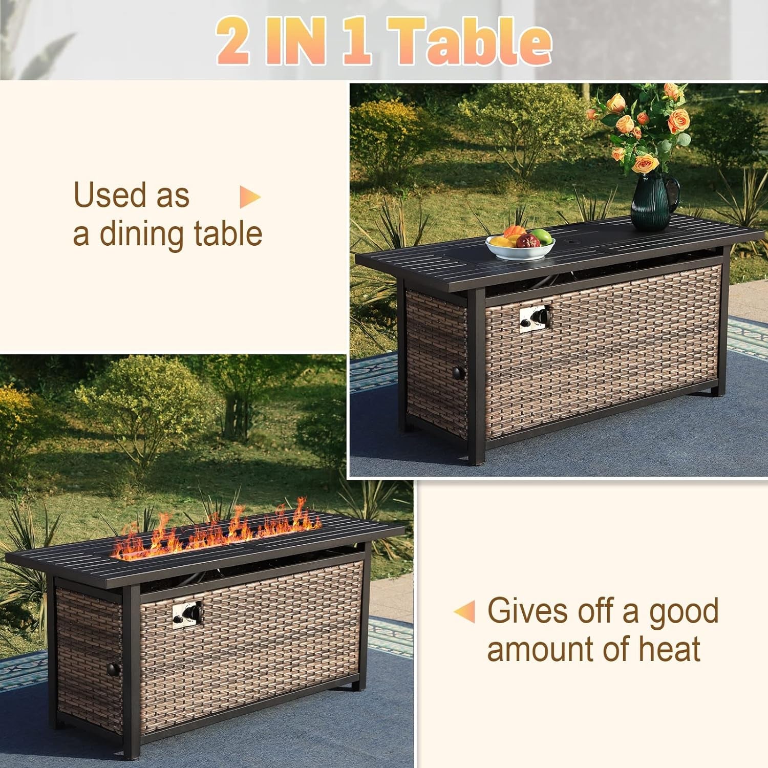 56 Inch Gas Fire Pit Table,Rectangular Propane Fireplace | Outdoor Rattan Propane Fire Table with Fire Glass, Lid, 50,000 BTU Firepits for outside Patio