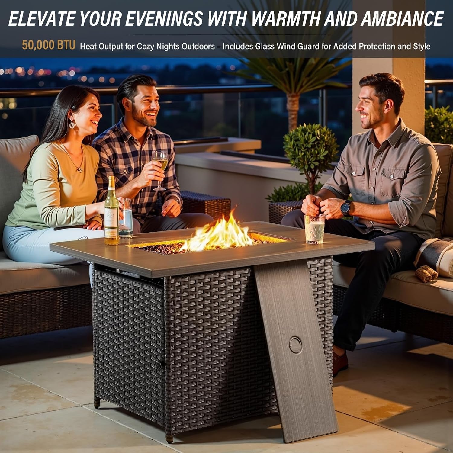 Luxurious 7 Piece Patio Furniture Set with Fire Pit Table, High Back Wicker Swivel Rocker Glider Outdoor Chairs with 6" Cushion, All-Weather Patio Conversation Set for Yard Garden - Brown/Beige