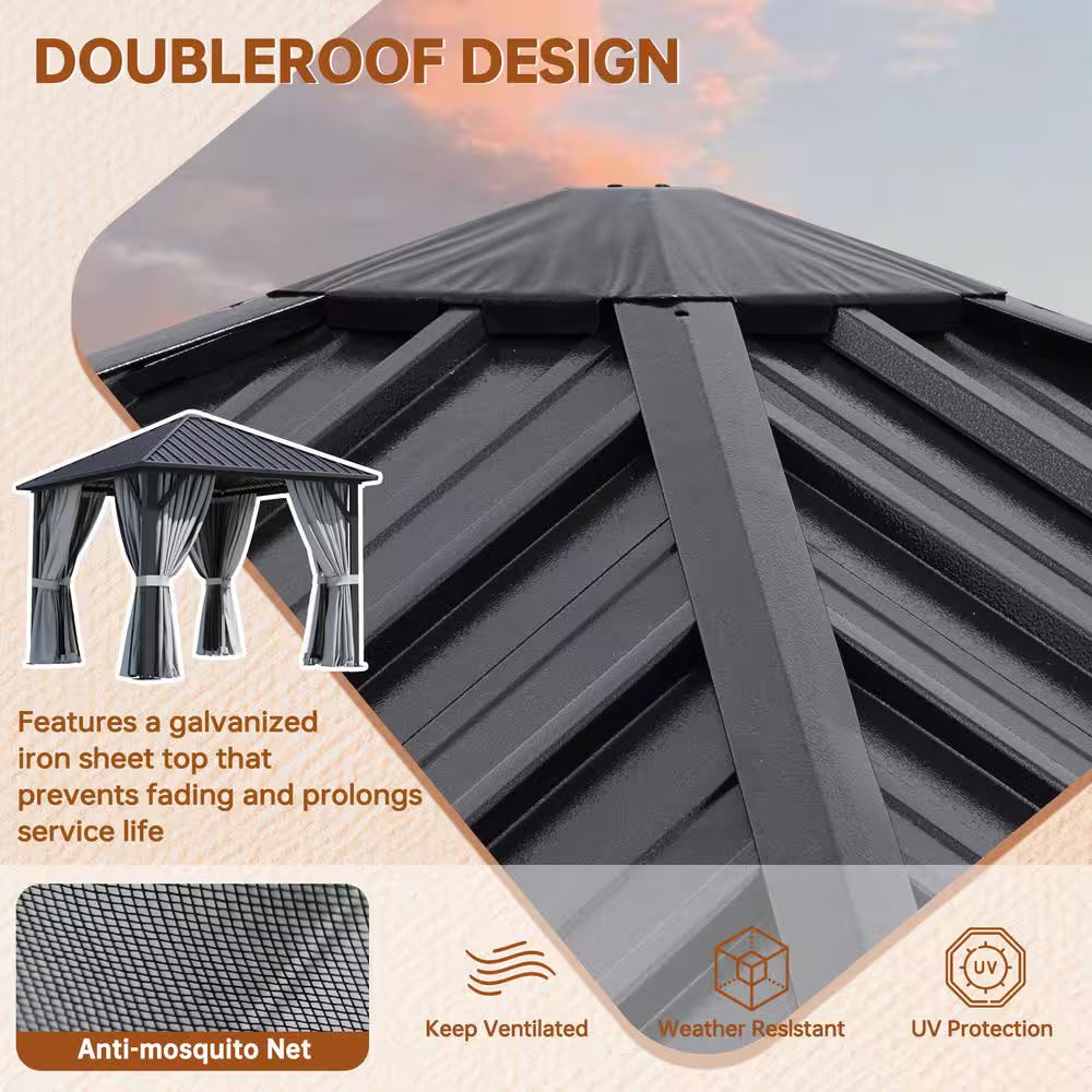 10 Ft. X 10 Ft. Outdoor Galvanized Steel Roof Gazebo, Aluminum Frame Pergolas with Ceiling Hook, Curtains and Netting
