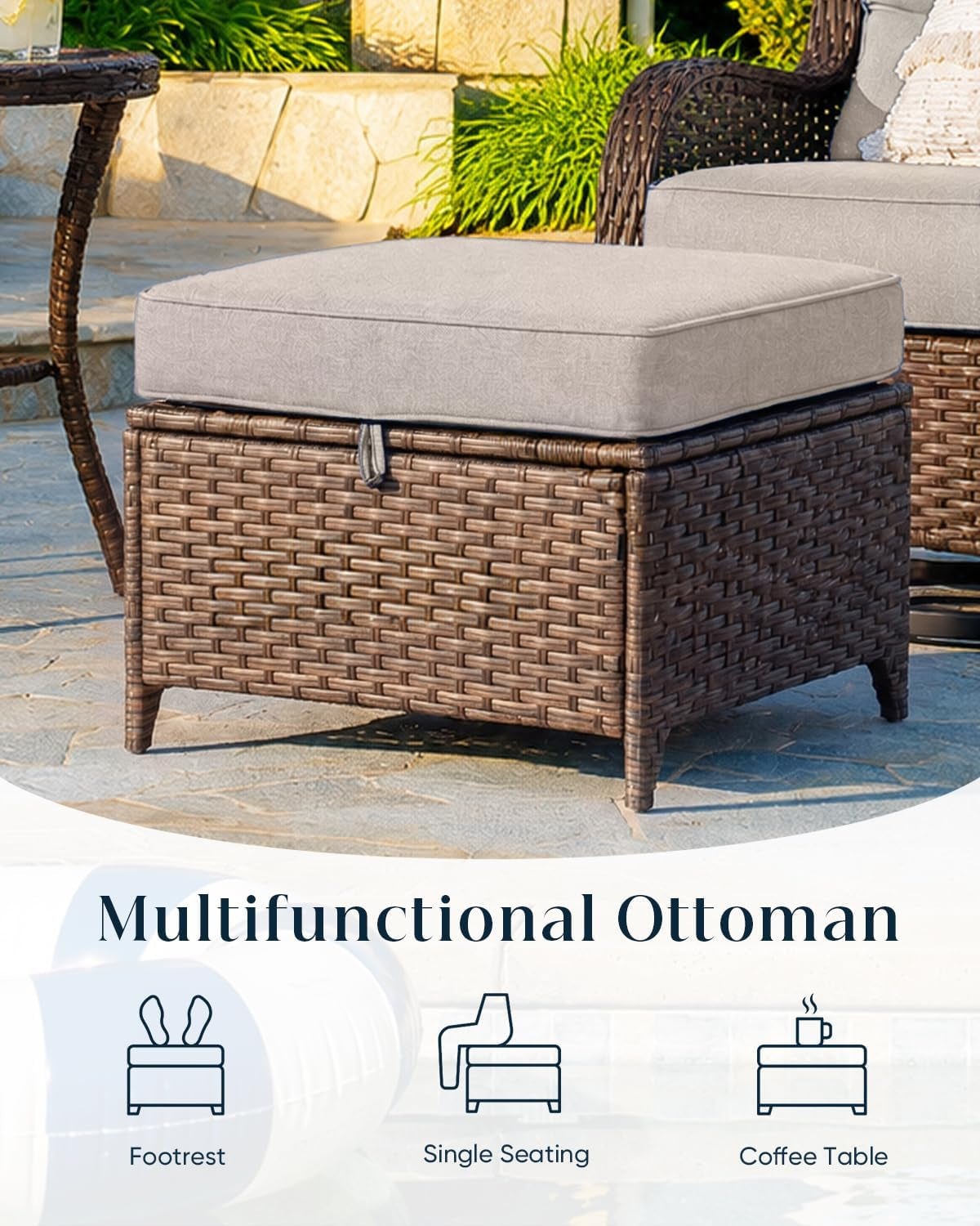 Luxurious 7 Piece Patio Furniture Set with Fire Pit Table, High Back Wicker Swivel Rocker Glider Outdoor Chairs with 6" Cushion, All-Weather Patio Conversation Set for Yard Garden - Brown/Beige