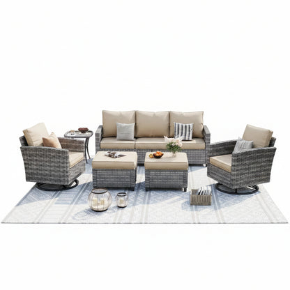 Patio Furniture Set, 6 Pieces Outdoor Patio Set, All-Weather Wicker Rattan Outdoor Furniture Set with Swivel Chairs for Poolside, Backyard, Gray Wicker Khaki Cushions