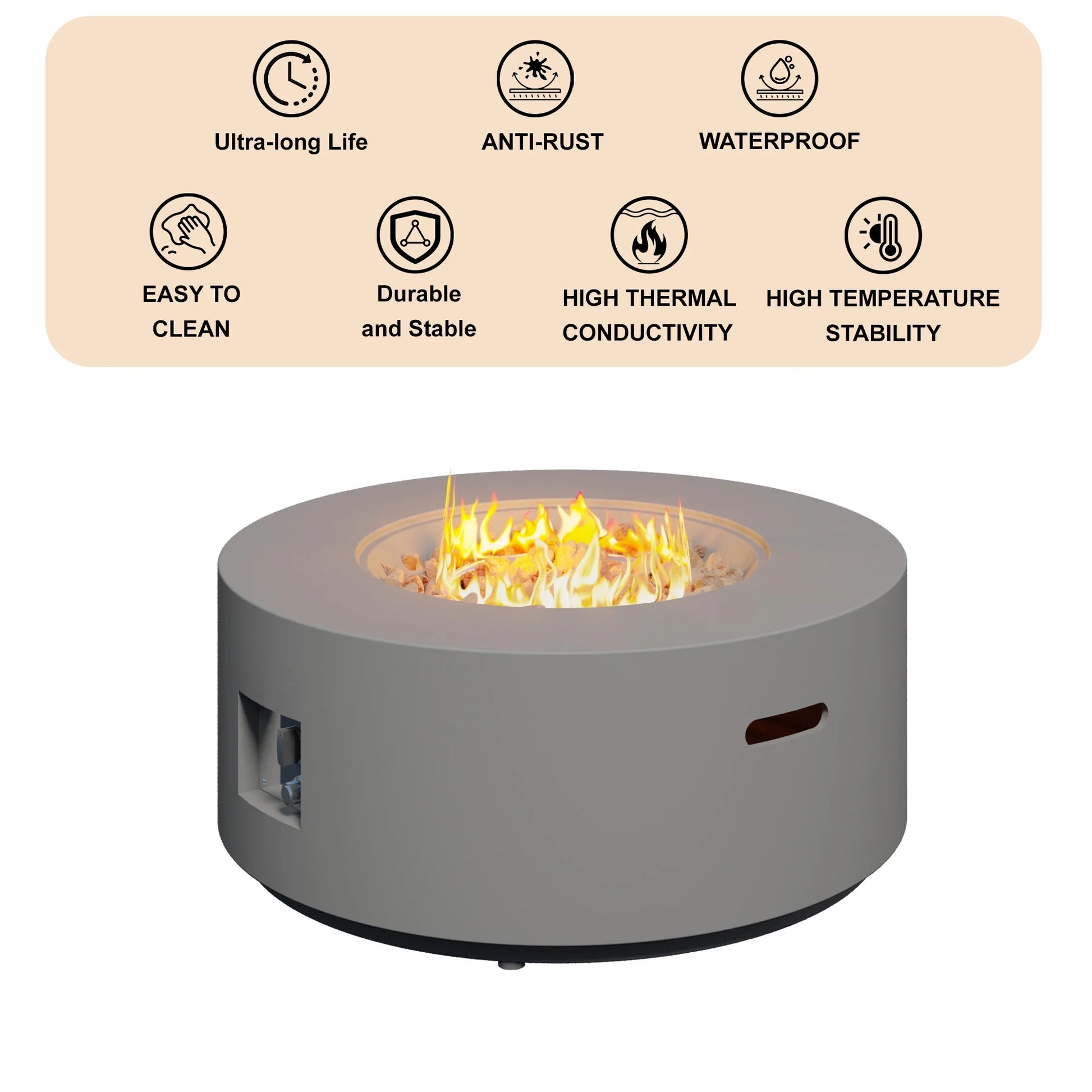 32.5 Inch round Propane Fire Pit for outside White 50K BTU Outdoor with Lava Rocks, All Weather Applicable, Gray