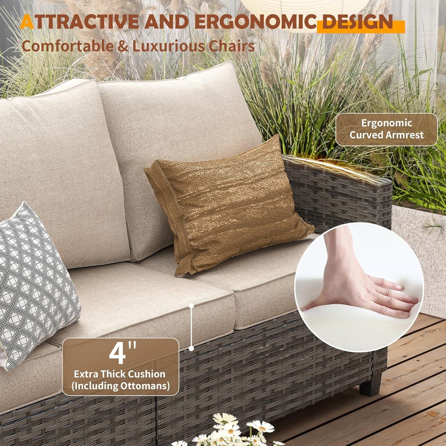 Patio Furniture Set, 6 Pieces Outdoor Patio Set, All-Weather Wicker Rattan Outdoor Furniture Set with Swivel Chairs for Poolside, Backyard, Gray Wicker Khaki Cushions