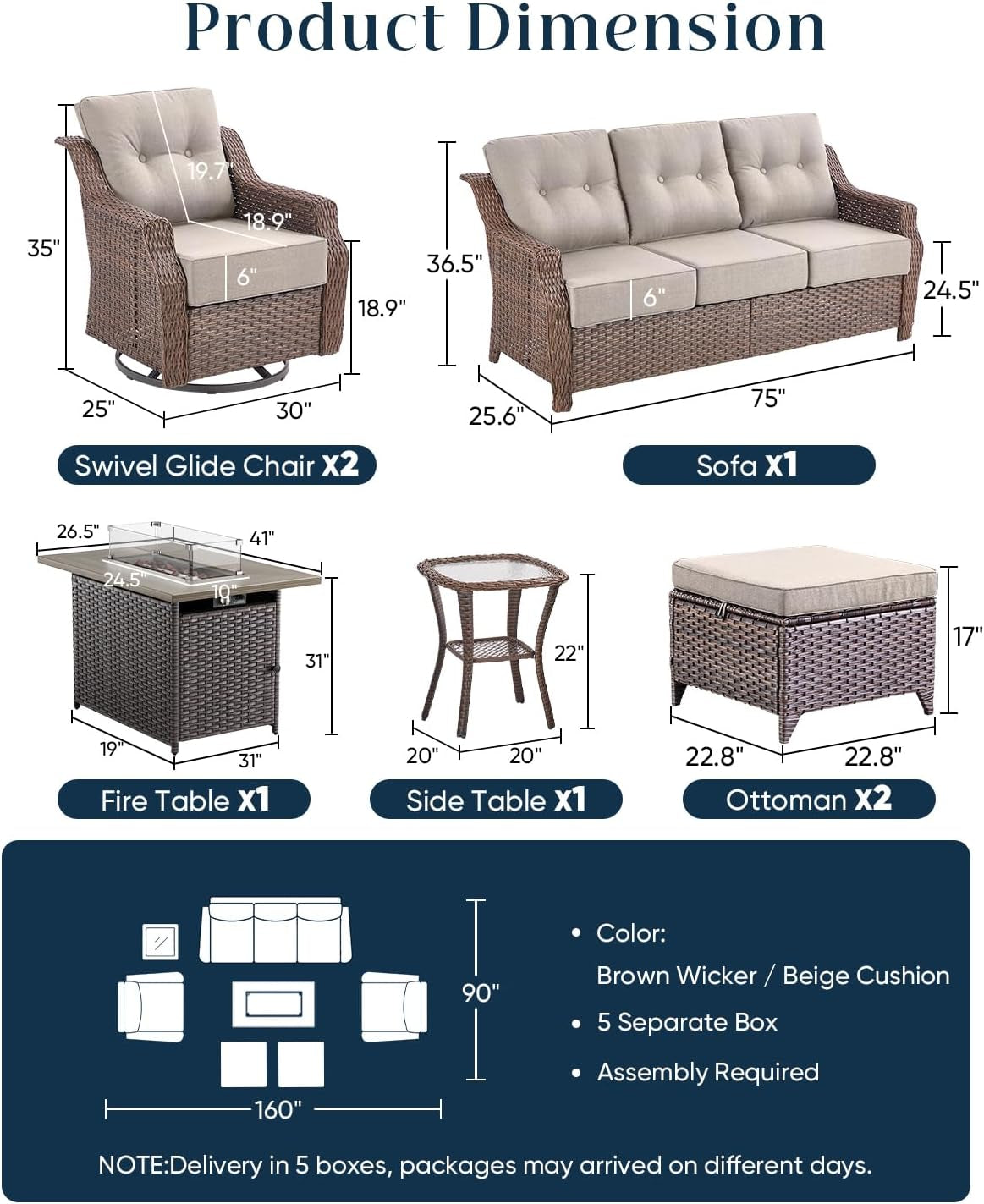 Luxurious 7 Piece Patio Furniture Set with Fire Pit Table, High Back Wicker Swivel Rocker Glider Outdoor Chairs with 6" Cushion, All-Weather Patio Conversation Set for Yard Garden - Brown/Beige