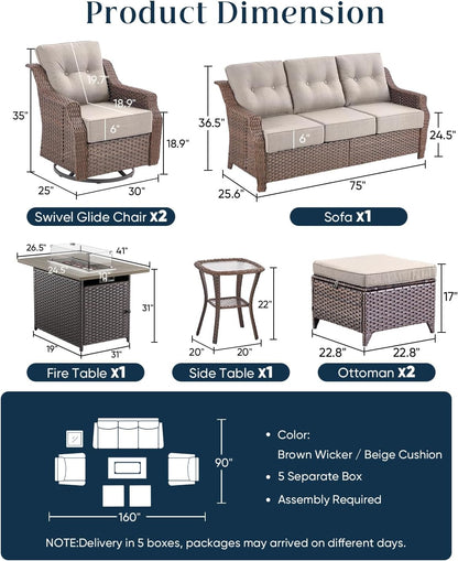 Luxurious 7 Piece Patio Furniture Set with Fire Pit Table, High Back Wicker Swivel Rocker Glider Outdoor Chairs with 6" Cushion, All-Weather Patio Conversation Set for Yard Garden - Brown/Beige