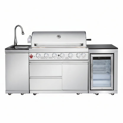 Outdoor Kitchen Island with Built in Grill, 6 Burner 83500 BTU Stainless Steel Gas Barbecue Island, Patio Cooking Station with Sink & Wine Cooler, Built in Grill Island for Backyard (Silver)