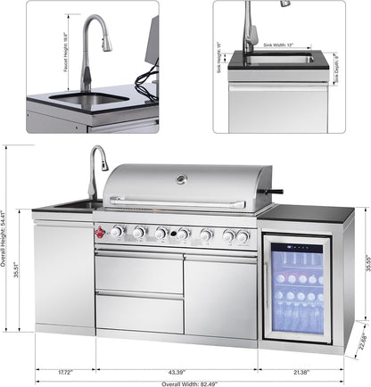 Outdoor Kitchen Island with Built in Grill, 6 Burner 83500 BTU Stainless Steel Gas Barbecue Island, Patio Cooking Station with Sink & Wine Cooler, Built in Grill Island for Backyard (Silver)