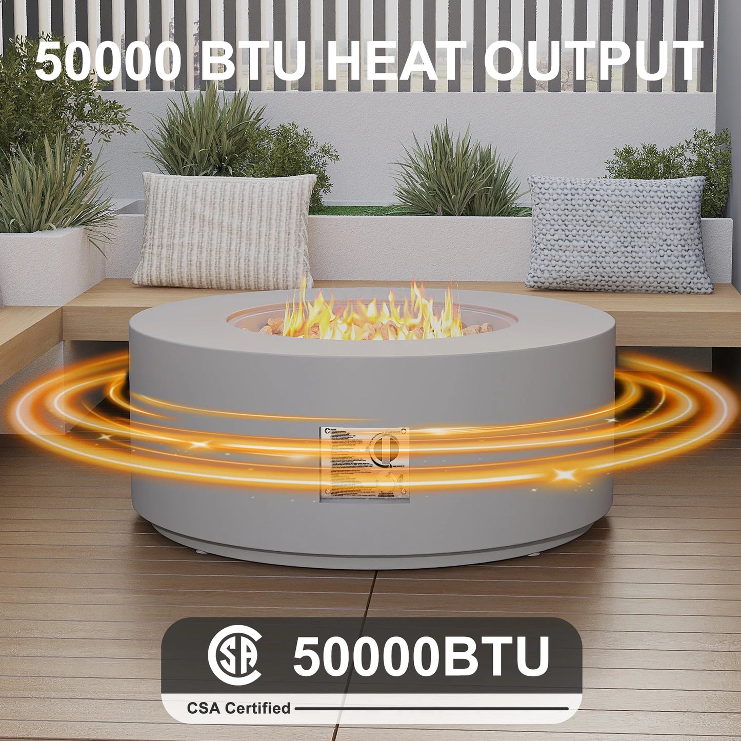 32.5 Inch round Propane Fire Pit for outside White 50K BTU Outdoor with Lava Rocks, All Weather Applicable, Gray