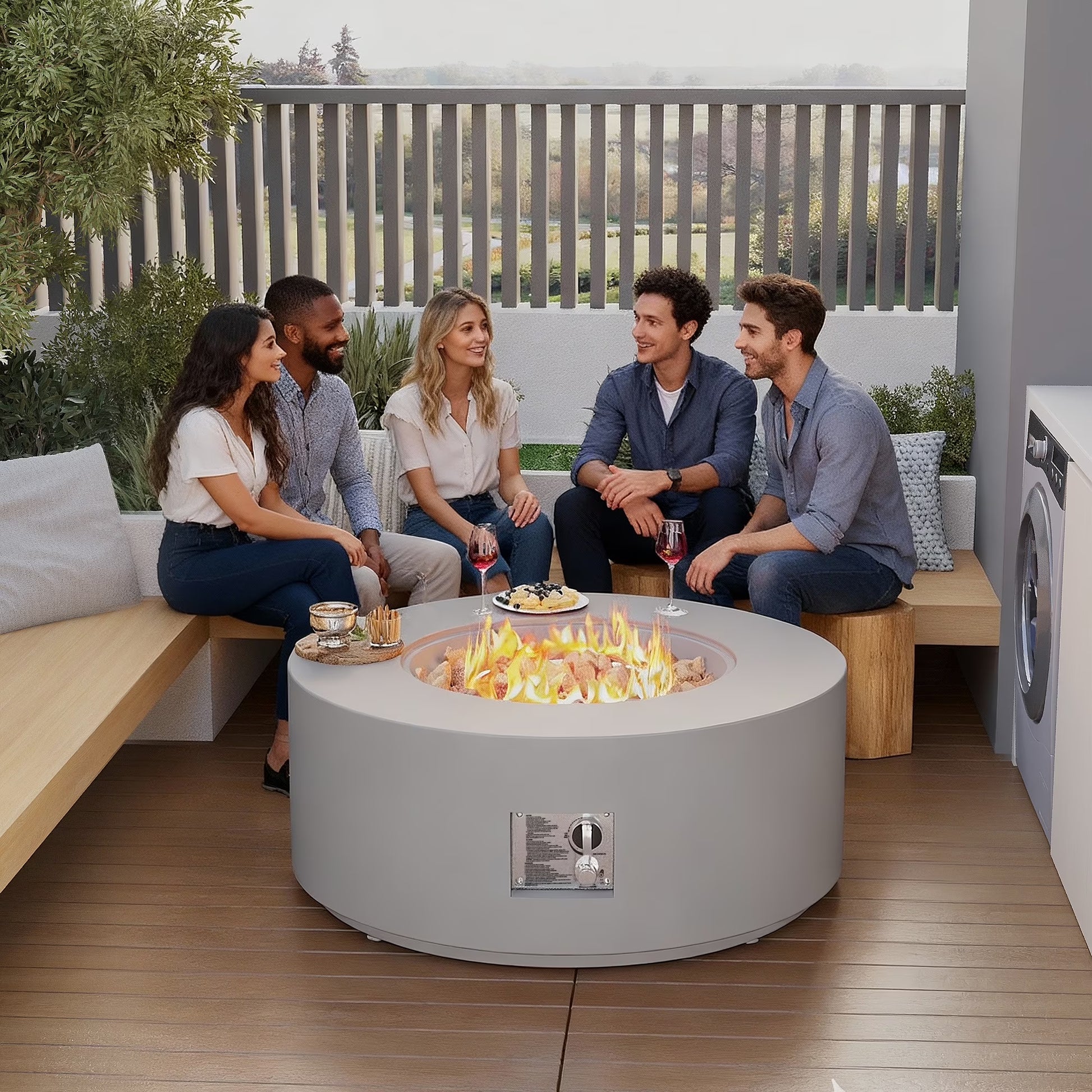 32.5 Inch round Propane Fire Pit for outside White 50K BTU Outdoor with Lava Rocks, All Weather Applicable, Gray