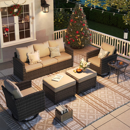 Patio Furniture Set, 6 Pieces Outdoor Patio Set, All-Weather Wicker Rattan Outdoor Furniture Set with Swivel Chairs for Poolside, Backyard, Gray Wicker Khaki Cushions