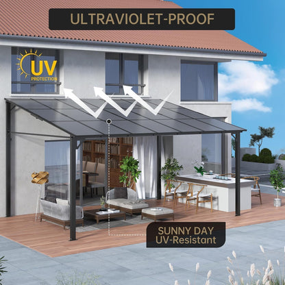 10'X20' Hardtop Wall Mounted Gazebo with Gutters & Galvanized Steel Roof, 60MPH Wind Resistance, Lean to Gazebo Pergola with Sloped Roof for Deck, Porch, Backyard and More, Black