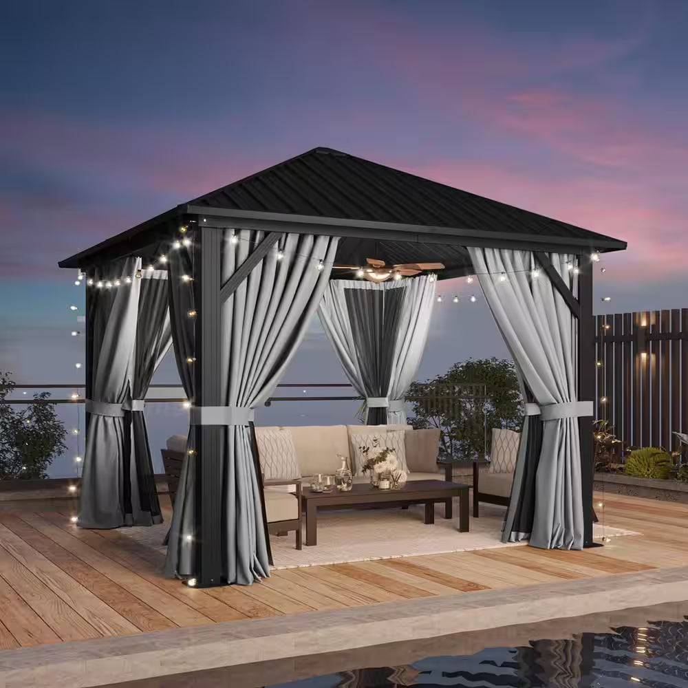 10 Ft. X 10 Ft. Outdoor Galvanized Steel Roof Gazebo, Aluminum Frame Pergolas with Ceiling Hook, Curtains and Netting