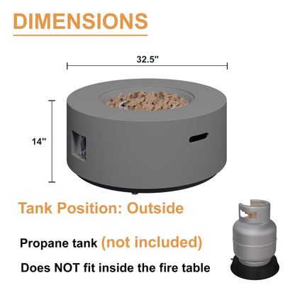 32.5 Inch round Propane Fire Pit for outside White 50K BTU Outdoor with Lava Rocks, All Weather Applicable, Gray