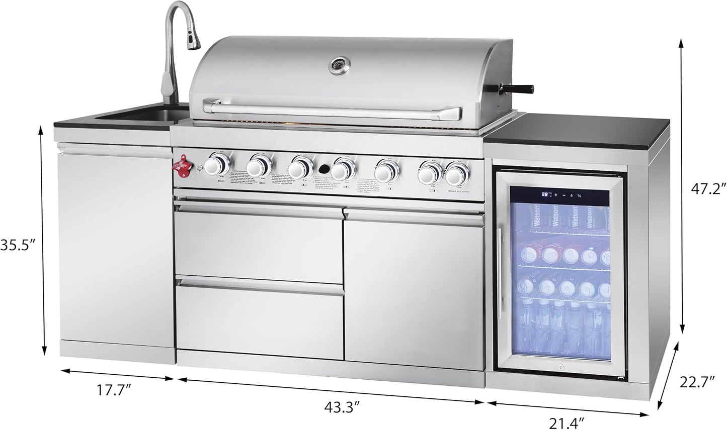 82-Inch 6-Burner Gas Grill 85,000 BTU Outdoor Kitchen Barbecue | Stainless Steel Grill Island with Sink, Storage Cabinets, and Wine Refrigerator,Backyard, Patio, Lawn, Silver