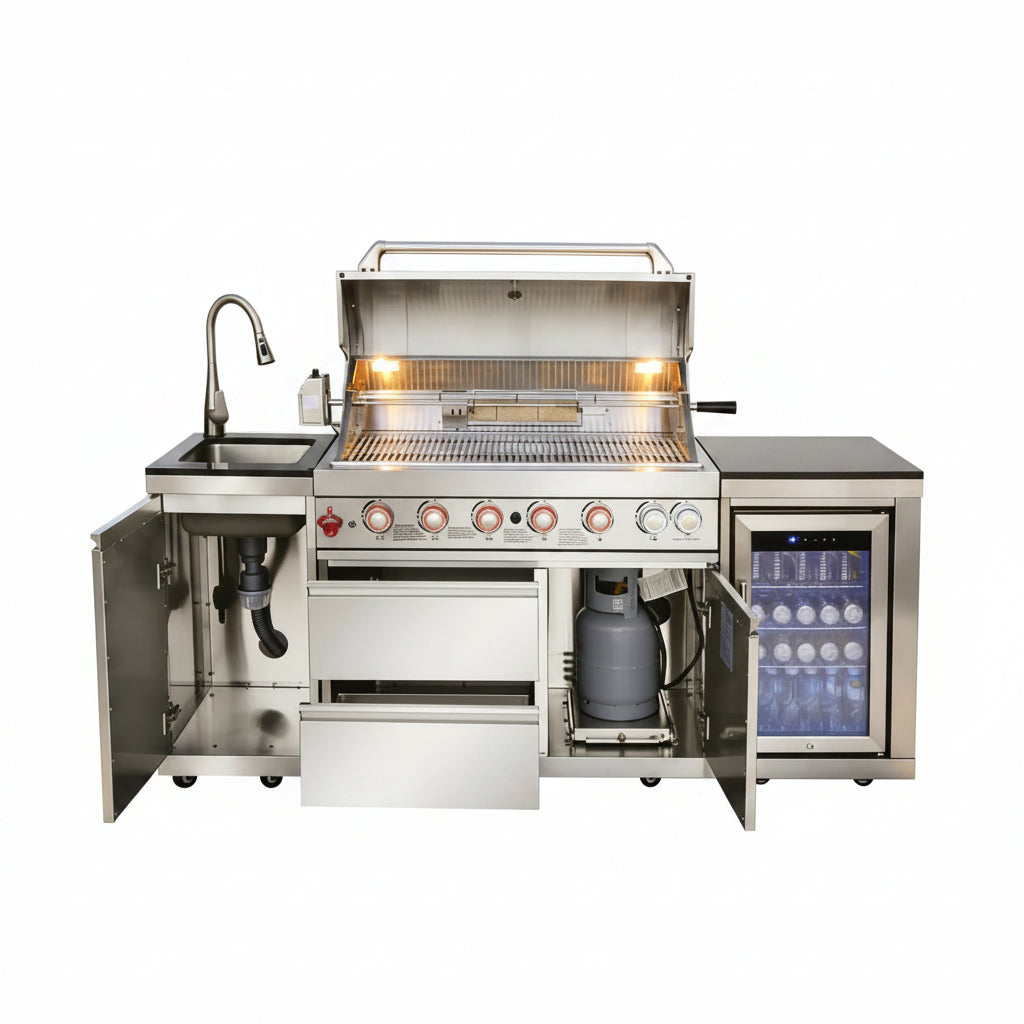 82-Inch 6-Burner Gas Grill 85,000 BTU Outdoor Kitchen Barbecue | Stainless Steel Grill Island with Sink, Storage Cabinets, and Wine Refrigerator,Backyard, Patio, Lawn, Silver