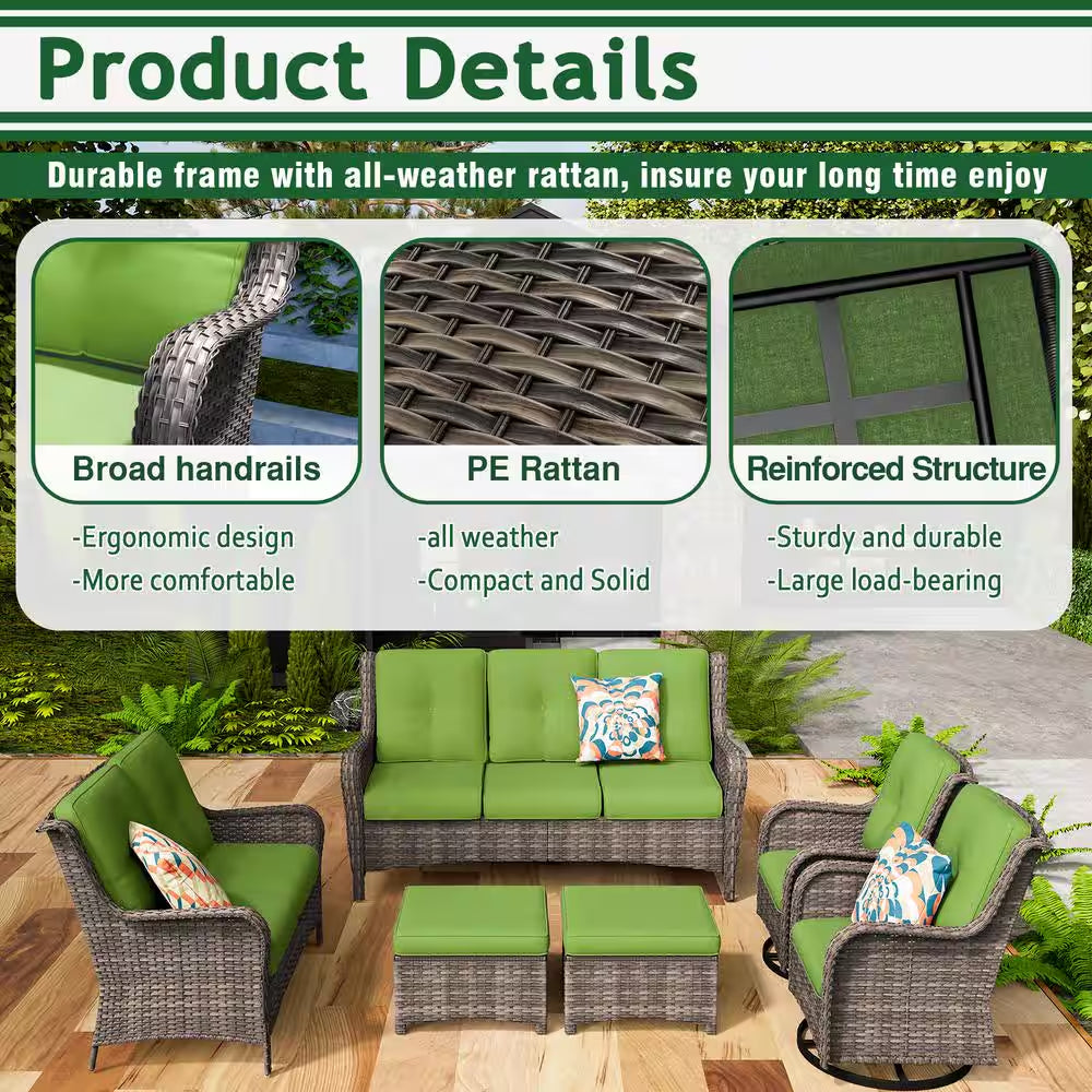 Patio Furniture Set 6-Piece Outdoor Patio Conversation Set with Green Cushions Lawn Furniture