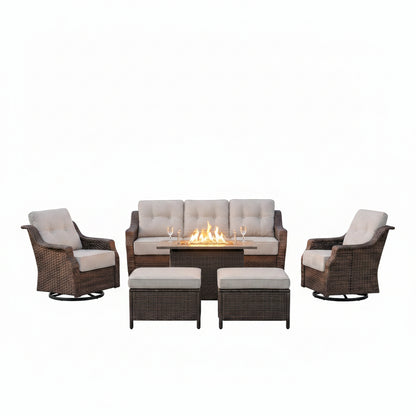 Luxurious 7 Piece Patio Furniture Set with Fire Pit Table, High Back Wicker Swivel Rocker Glider Outdoor Chairs with 6" Cushion, All-Weather Patio Conversation Set for Yard Garden - Brown/Beige