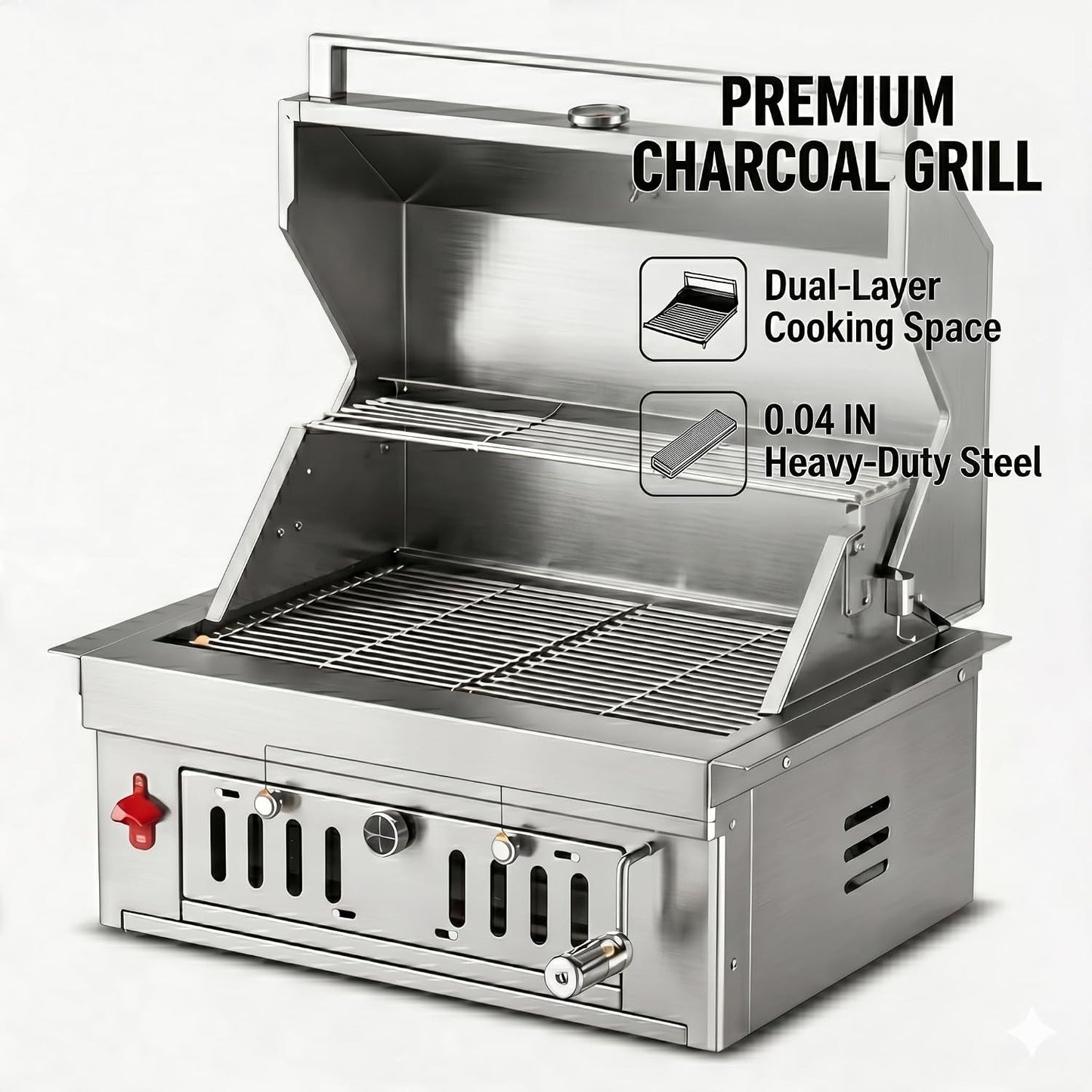 27-IN Premium Portable 304 Stainless Steel Built-In Charcoal Grill with Adjustable Charcoal Tray, Large Front Access Door, and Side Vents, Ideal for Outdoor Family BBQ Gatherings