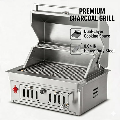 27-IN Premium Portable 304 Stainless Steel Built-In Charcoal Grill with Adjustable Charcoal Tray, Large Front Access Door, and Side Vents, Ideal for Outdoor Family BBQ Gatherings