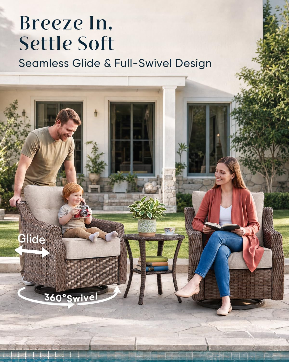 Luxurious 7 Piece Patio Furniture Set with Fire Pit Table, High Back Wicker Swivel Rocker Glider Outdoor Chairs with 6" Cushion, All-Weather Patio Conversation Set for Yard Garden - Brown/Beige