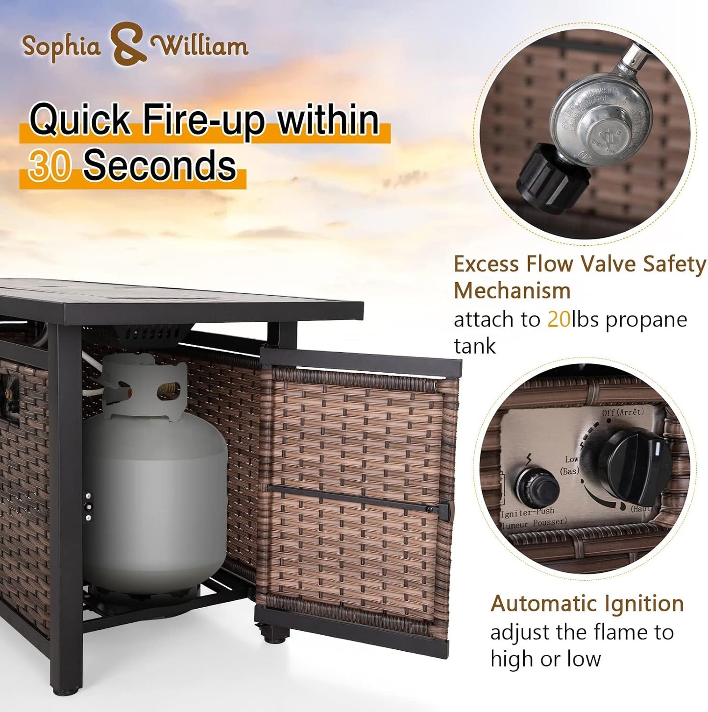 56 Inch Gas Fire Pit Table,Rectangular Propane Fireplace | Outdoor Rattan Propane Fire Table with Fire Glass, Lid, 50,000 BTU Firepits for outside Patio