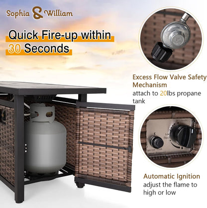 56 Inch Gas Fire Pit Table,Rectangular Propane Fireplace | Outdoor Rattan Propane Fire Table with Fire Glass, Lid, 50,000 BTU Firepits for outside Patio