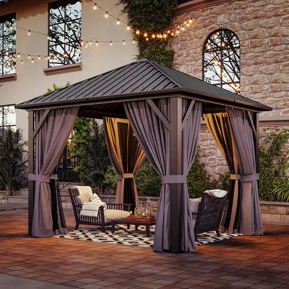 10 Ft. X 10 Ft. Outdoor Galvanized Steel Roof Gazebo, Aluminum Frame Pergolas with Ceiling Hook, Curtains and Netting